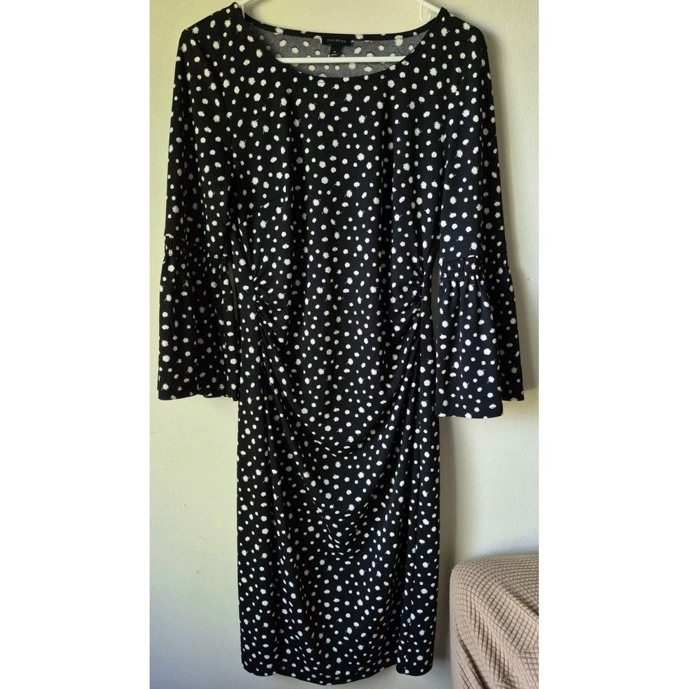 Talbots Dress Side-ruched Waist Bell Sleeves Black/White Dandelion Print Size M